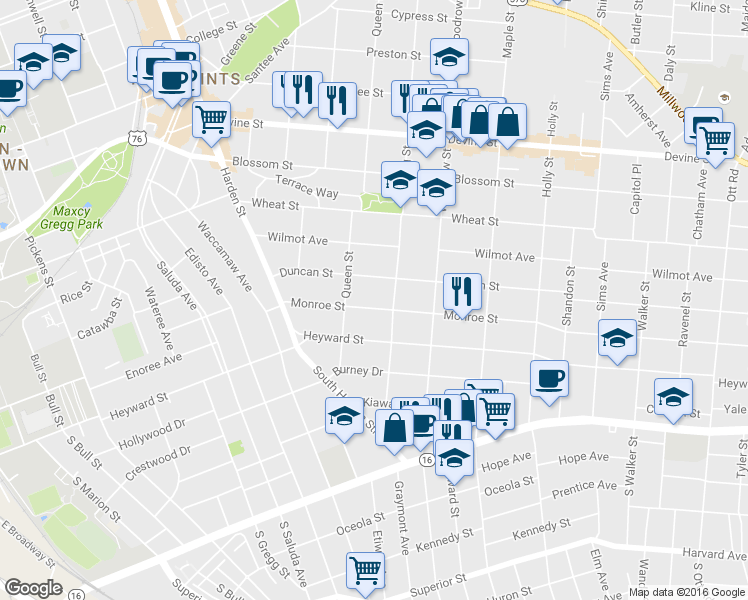 map of restaurants, bars, coffee shops, grocery stores, and more near 2508 Duncan Street in Columbia