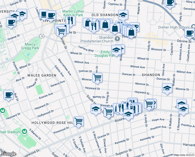 map of restaurants, bars, coffee shops, grocery stores, and more near 2508 Duncan Street in Columbia
