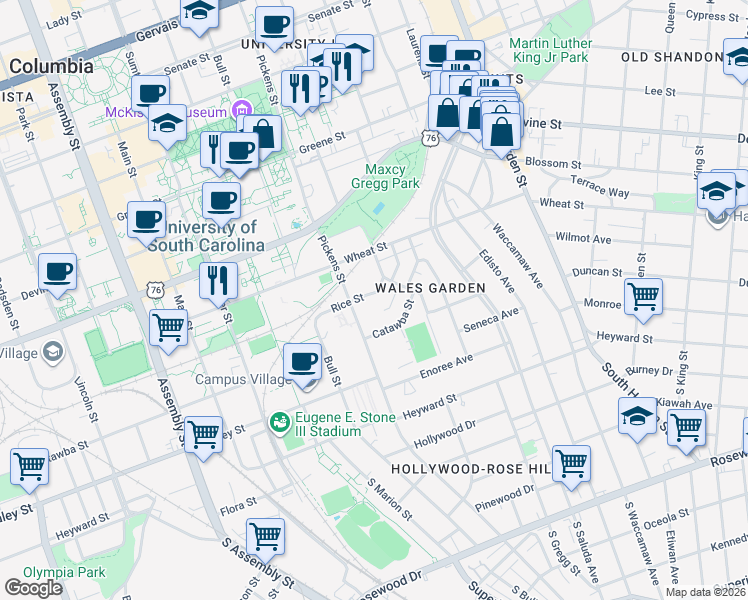 map of restaurants, bars, coffee shops, grocery stores, and more near 1623 Rice Street in Columbia
