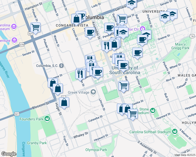 map of restaurants, bars, coffee shops, grocery stores, and more near 611 Park Street in Columbia