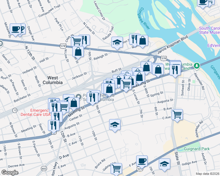 map of restaurants, bars, coffee shops, grocery stores, and more near 710 Violet Street in West Columbia