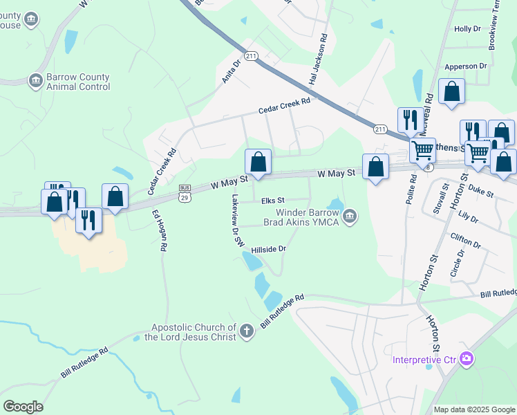 map of restaurants, bars, coffee shops, grocery stores, and more near 269 Elks Street in Winder
