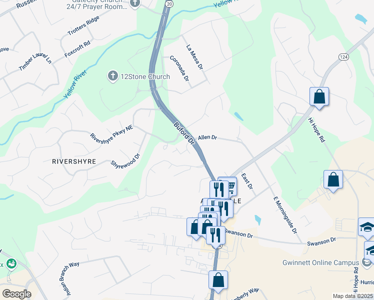 map of restaurants, bars, coffee shops, grocery stores, and more near Agate Lane in Gwinnett County