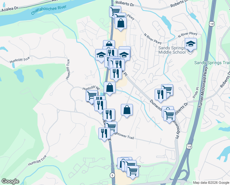 map of restaurants, bars, coffee shops, grocery stores, and more near 26 Huntington Place Drive in Atlanta