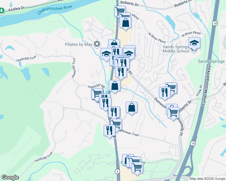 map of restaurants, bars, coffee shops, grocery stores, and more near 6 Huntington Place Drive in Atlanta