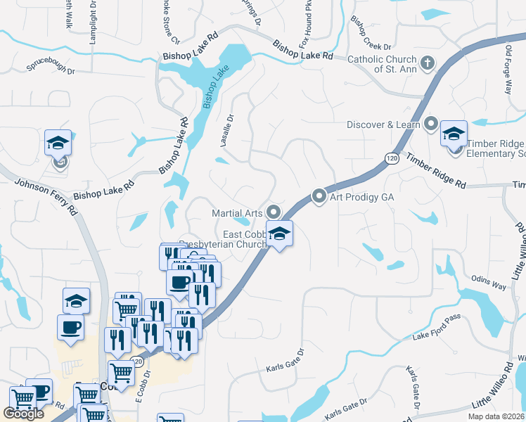 map of restaurants, bars, coffee shops, grocery stores, and more near 4590 Lasalle Court in Marietta