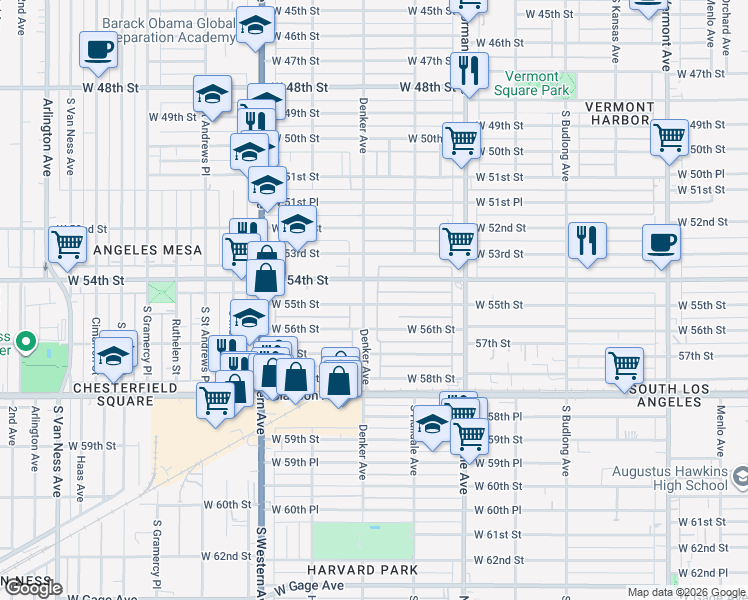 map of restaurants, bars, coffee shops, grocery stores, and more near 1551 West 55th Street in Los Angeles