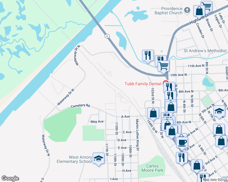 map of restaurants, bars, coffee shops, grocery stores, and more near 511 110th Street North in Amory