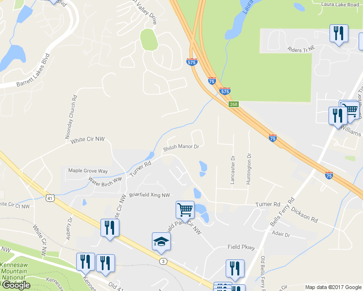 map of restaurants, bars, coffee shops, grocery stores, and more near 371 Shiloh Manor Drive in Marietta