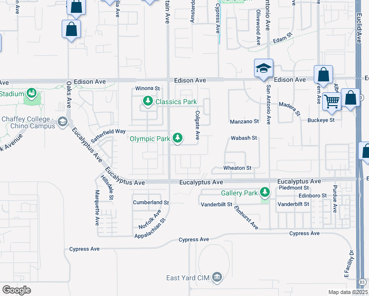 map of restaurants, bars, coffee shops, grocery stores, and more near 6361 Southwestern Street in Chino