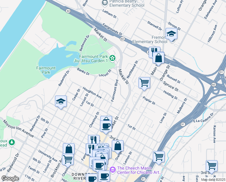 map of restaurants, bars, coffee shops, grocery stores, and more near 2809 Fairmount Boulevard in Riverside