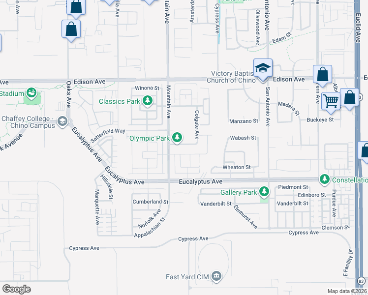 map of restaurants, bars, coffee shops, grocery stores, and more near 6361 Southwestern Street in Chino