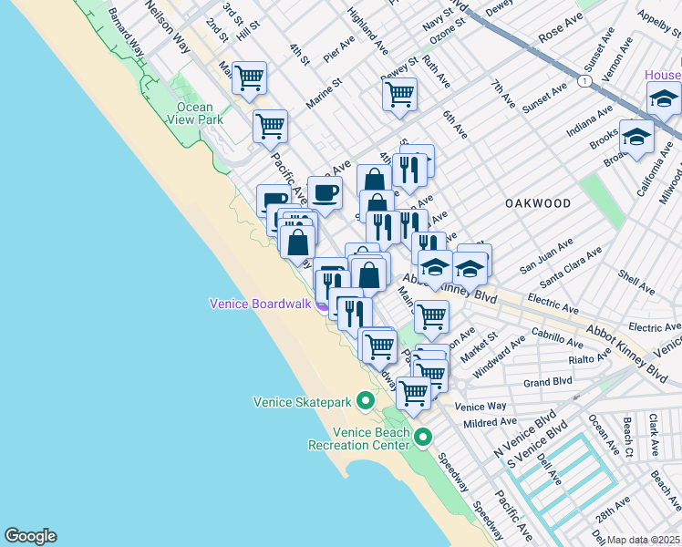 map of restaurants, bars, coffee shops, grocery stores, and more near 108 Thornton Place in Los Angeles