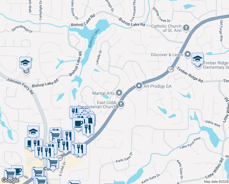map of restaurants, bars, coffee shops, grocery stores, and more near 4590 Lasalle Court in Marietta