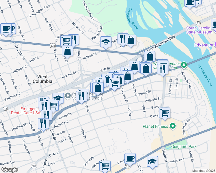 map of restaurants, bars, coffee shops, grocery stores, and more near 738 Shull Street in West Columbia
