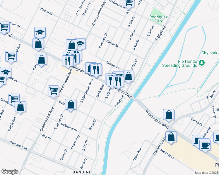 map of restaurants, bars, coffee shops, grocery stores, and more near 525 Washington Boulevard in Montebello