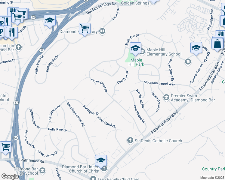 map of restaurants, bars, coffee shops, grocery stores, and more near 1555 Deerfoot Drive in Diamond Bar