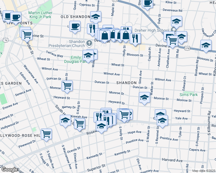 map of restaurants, bars, coffee shops, grocery stores, and more near 2816 Duncan Street in Columbia