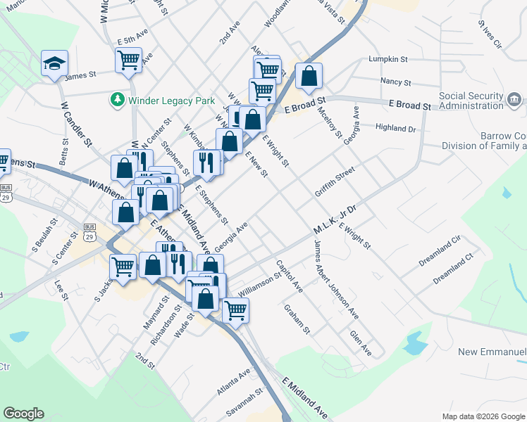 map of restaurants, bars, coffee shops, grocery stores, and more near 193 Georgia Avenue in Winder