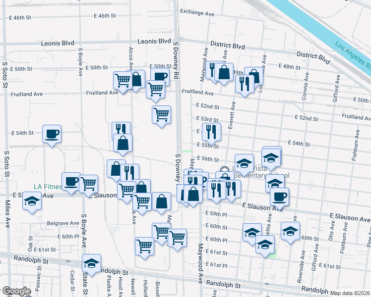 map of restaurants, bars, coffee shops, grocery stores, and more near 5503 Maywood Avenue in Maywood