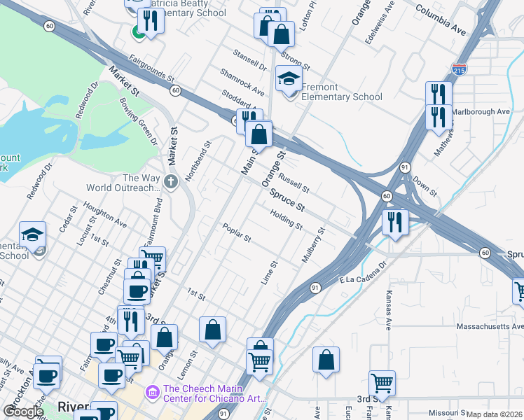 map of restaurants, bars, coffee shops, grocery stores, and more near 3562 Holding Street in Riverside