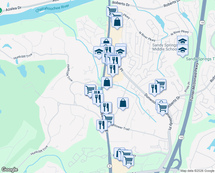 map of restaurants, bars, coffee shops, grocery stores, and more near 6 Huntington Place Drive in Atlanta