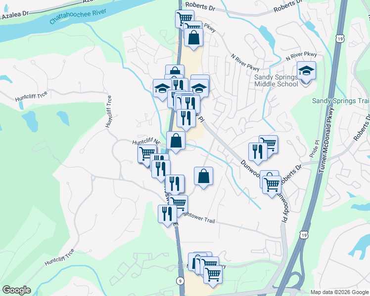 map of restaurants, bars, coffee shops, grocery stores, and more near 26 Huntington Place Drive in Atlanta