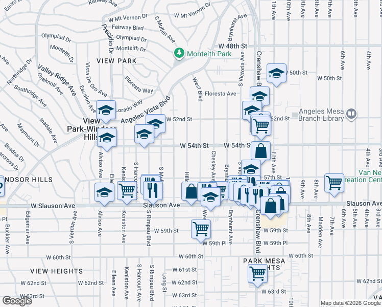 map of restaurants, bars, coffee shops, grocery stores, and more near 5414 Hillcrest Drive in Los Angeles