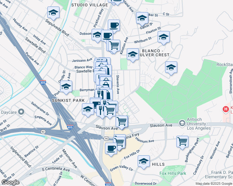map of restaurants, bars, coffee shops, grocery stores, and more near 11313 Stevens Avenue in Culver City