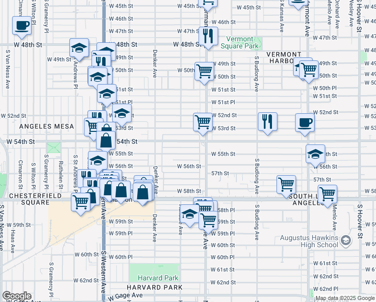 map of restaurants, bars, coffee shops, grocery stores, and more near 1445 West 55th Street in Los Angeles