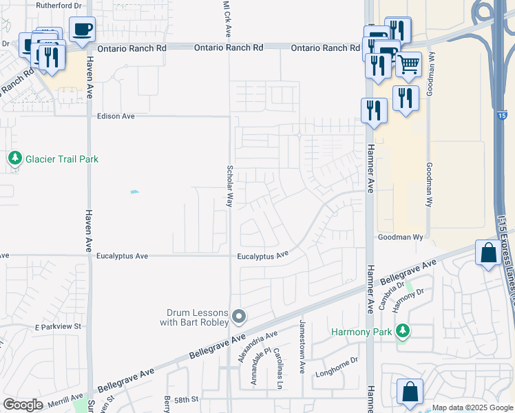 map of restaurants, bars, coffee shops, grocery stores, and more near 3978 East Catalina Street in Ontario