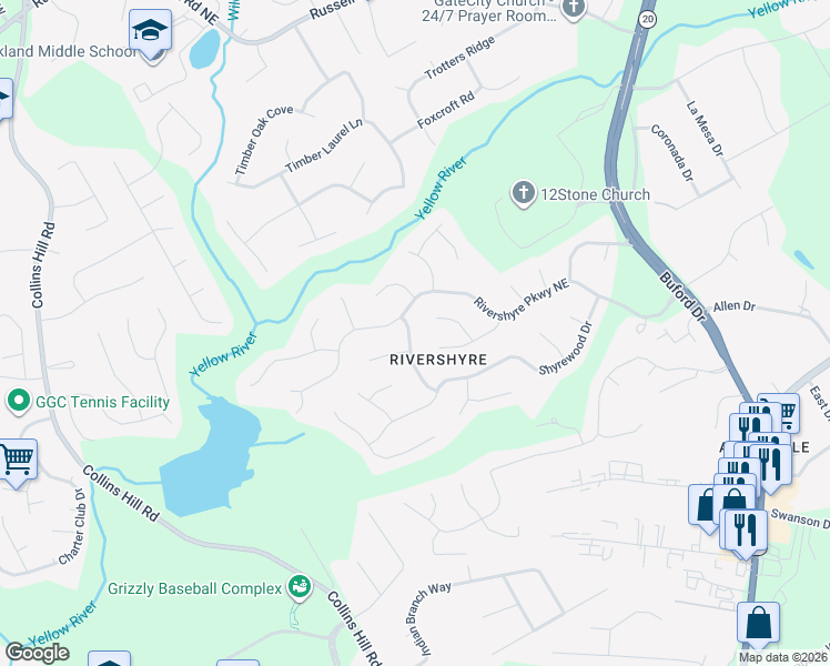 map of restaurants, bars, coffee shops, grocery stores, and more near 1275 Creek Laurel Drive in Lawrenceville