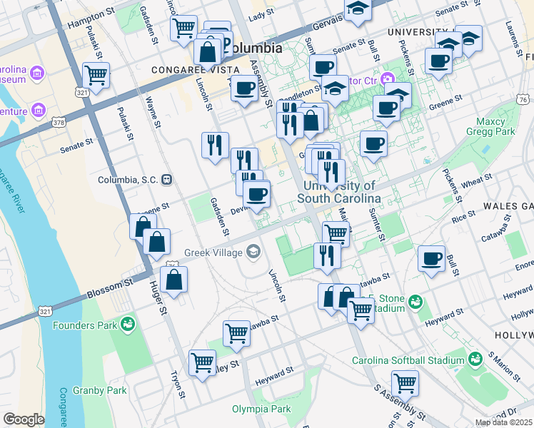 map of restaurants, bars, coffee shops, grocery stores, and more near 611 Park Street in Columbia
