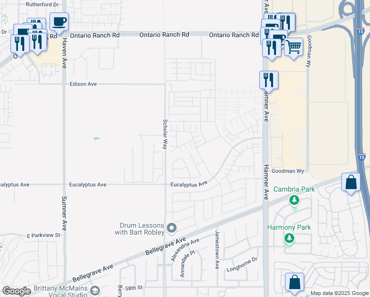 map of restaurants, bars, coffee shops, grocery stores, and more near 3978 East Catalina Street in Ontario