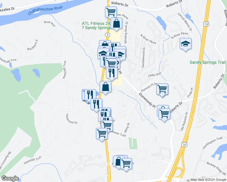 map of restaurants, bars, coffee shops, grocery stores, and more near 32 Huntington Place Drive in Atlanta