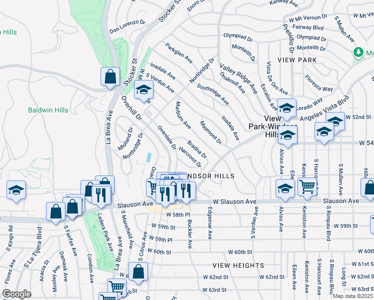 map of restaurants, bars, coffee shops, grocery stores, and more near 5452 Harcross Drive in View Park-Windsor Hills