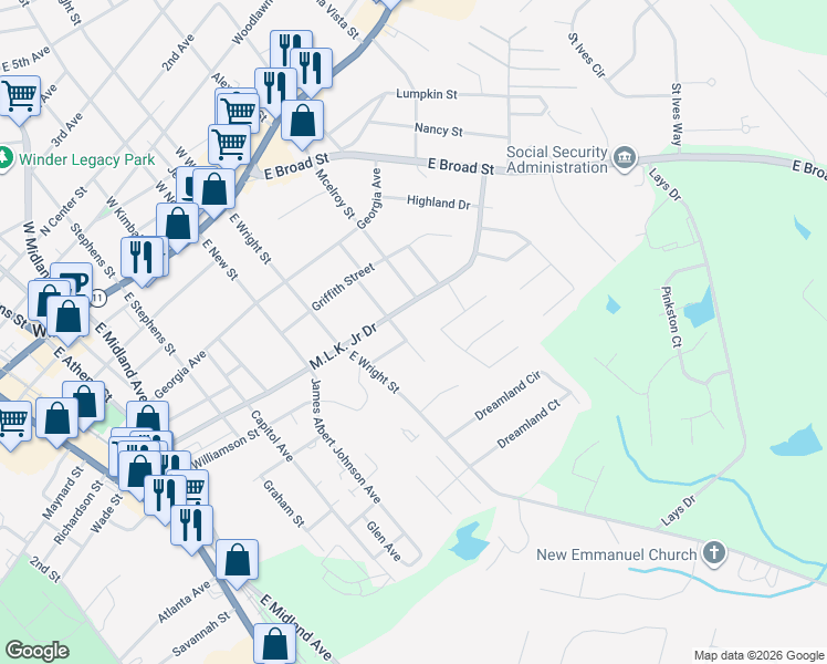 map of restaurants, bars, coffee shops, grocery stores, and more near 321 Mary Alice Drive in Winder