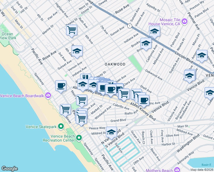 map of restaurants, bars, coffee shops, grocery stores, and more near 513 San Juan Avenue in Los Angeles
