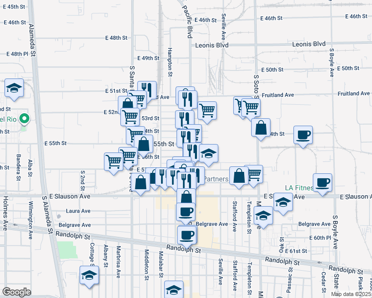 map of restaurants, bars, coffee shops, grocery stores, and more near 5425 Pacific Boulevard in Huntington Park