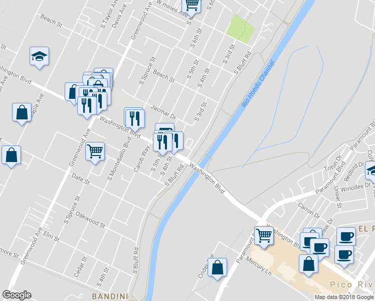 map of restaurants, bars, coffee shops, grocery stores, and more near 965 Acacia Lane in Montebello