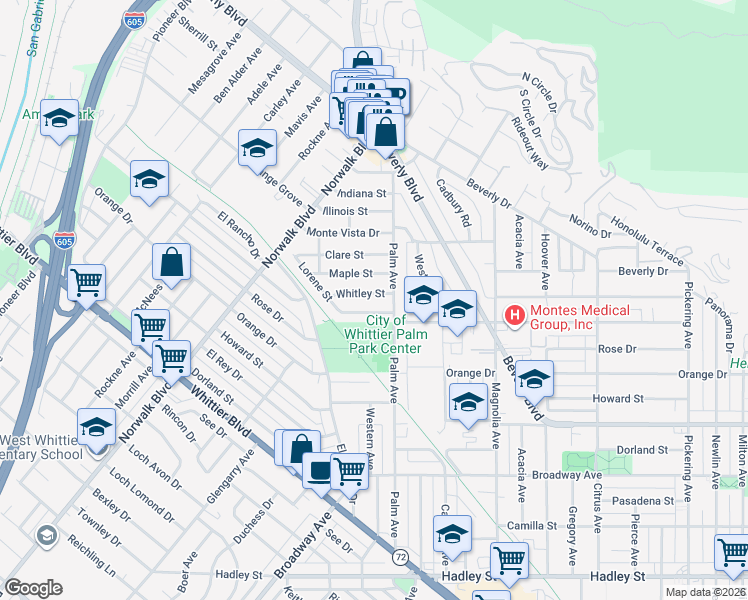 map of restaurants, bars, coffee shops, grocery stores, and more near 11330 Whitley Street in Whittier