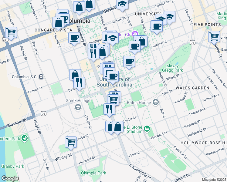 map of restaurants, bars, coffee shops, grocery stores, and more near 541 Main Street in Columbia