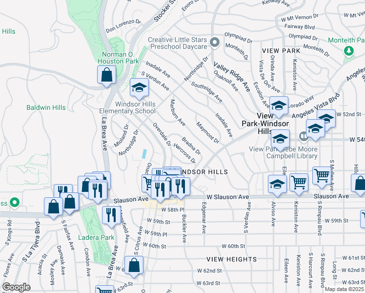 map of restaurants, bars, coffee shops, grocery stores, and more near 5452 Harcross Drive in View Park-Windsor Hills