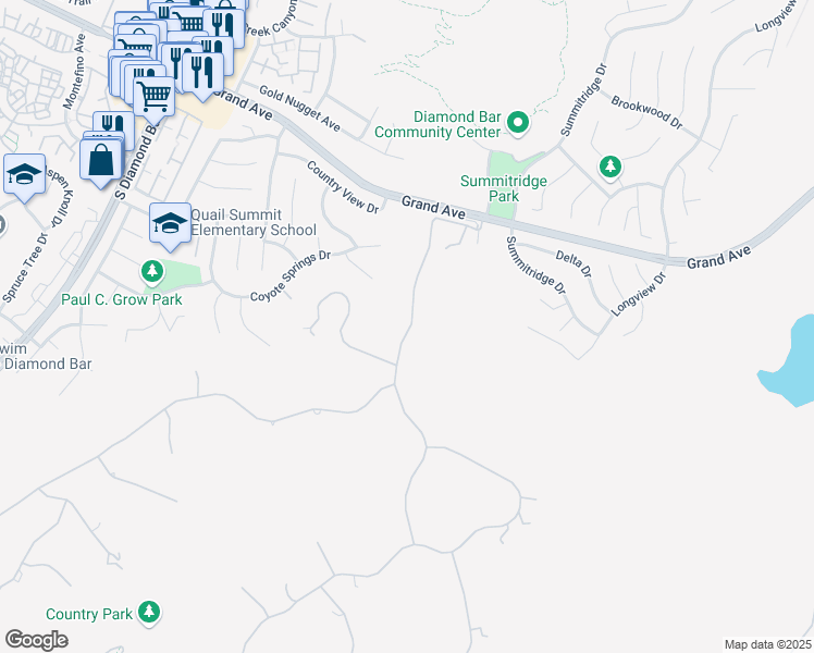 map of restaurants, bars, coffee shops, grocery stores, and more near 1729 Derringer Lane in Diamond Bar