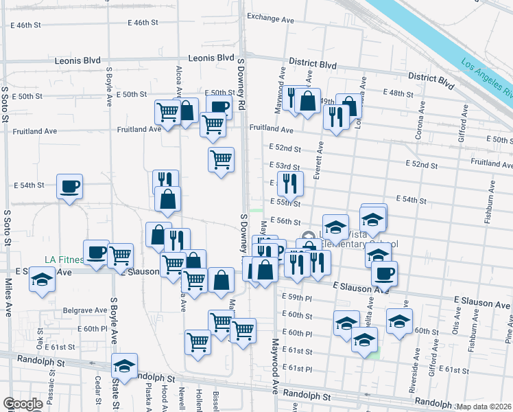 map of restaurants, bars, coffee shops, grocery stores, and more near 5503 Maywood Avenue in Maywood