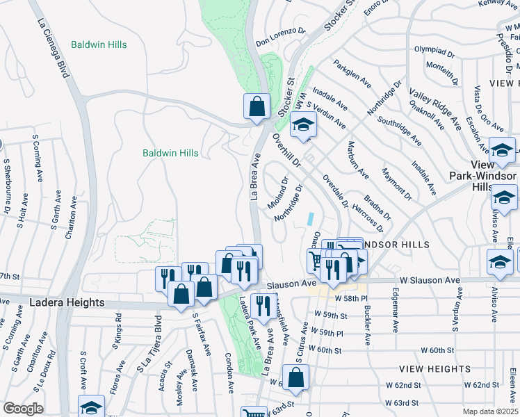 map of restaurants, bars, coffee shops, grocery stores, and more near 4688 Northridge Drive in View Park-Windsor Hills