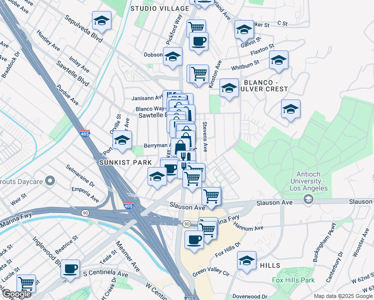 map of restaurants, bars, coffee shops, grocery stores, and more near 5508 Sepulveda Boulevard in Culver City