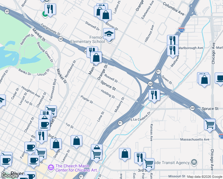map of restaurants, bars, coffee shops, grocery stores, and more near 3455 Spruce Street in Riverside