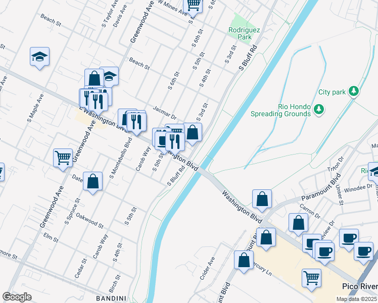 map of restaurants, bars, coffee shops, grocery stores, and more near 938 Lilac Lane in Montebello