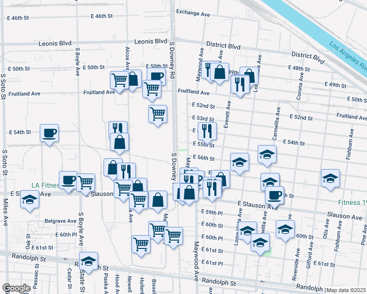 map of restaurants, bars, coffee shops, grocery stores, and more near 5415 Maywood Avenue in Maywood
